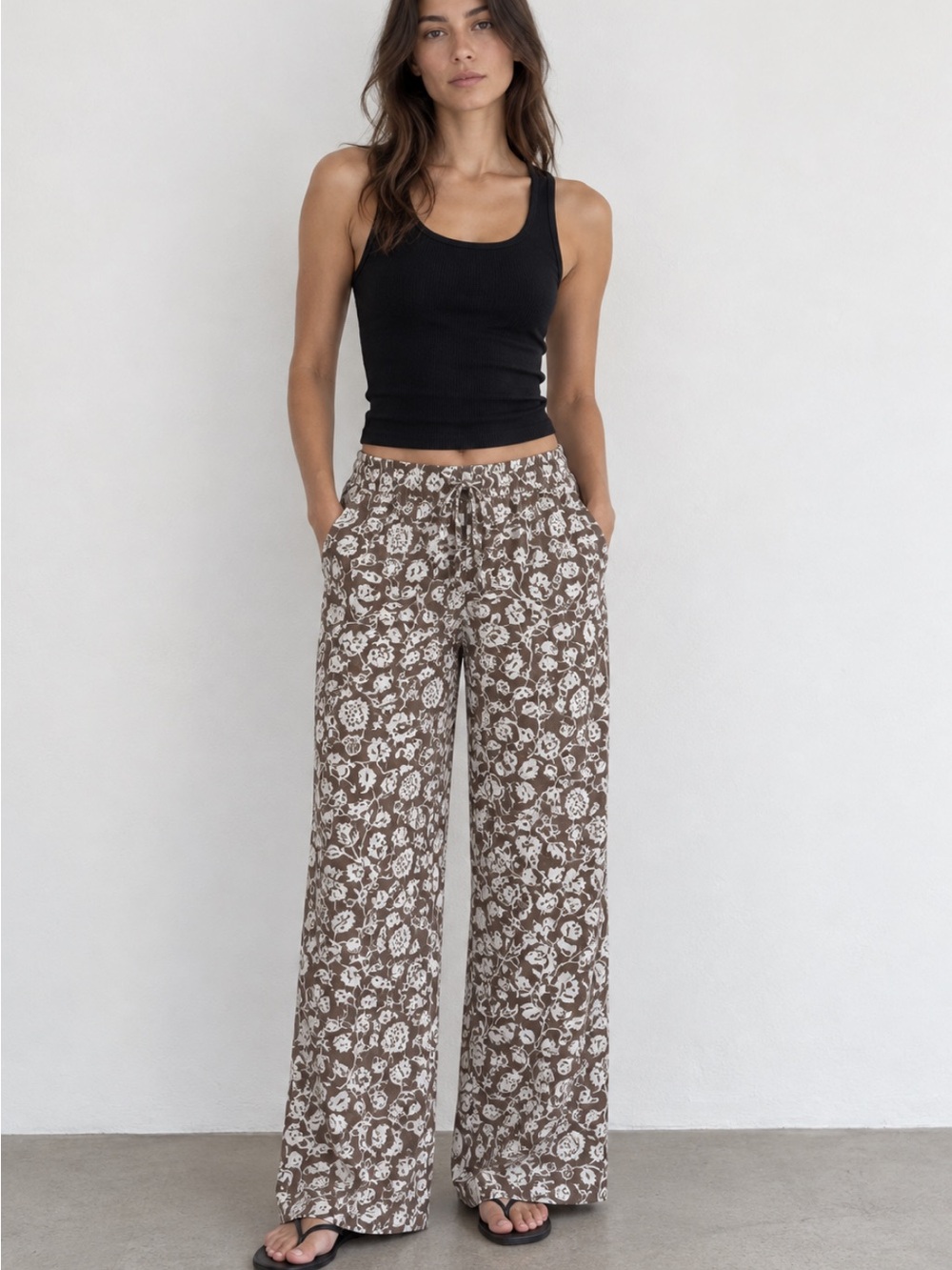 Aritzia Little Moon Sail 100% Linen Floral Wide Leg Pants Brown Size S